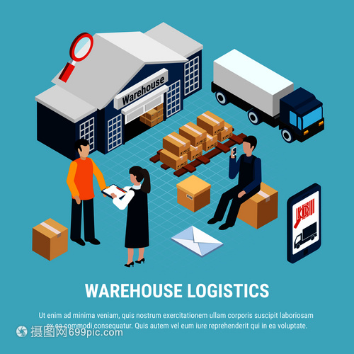物流等距 藍色背景下的倉庫配送三維矢量插圖